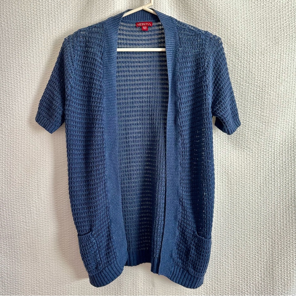 MERONA Blue Linen Blend Open Front Short Sleeve Cardigan Sweater Size Medium